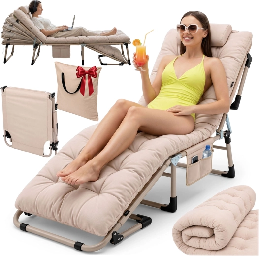 Sofotel ChillWell Dream lit de camping pliant et chaise longue de jardin avec matelas, oreiller et housse, beige