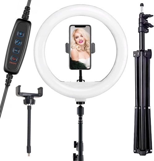 Anneau lumineux LED Renew Force 30 cm 80 W avec trépied 220 cm, support de téléphone et télécommande