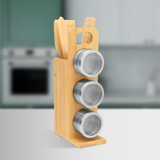 Support magnétique à épices avec ustensiles de cuisine en bambou, set de 7 pièces