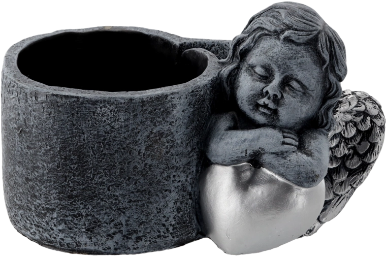 Jardinière funéraire en ciment avec petit ange, gris foncé argenté 24,5 × 14 × 15 cm