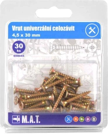 Vis universelles à filetage total 4,5 × 30 mm, zinguées, 30 pcs