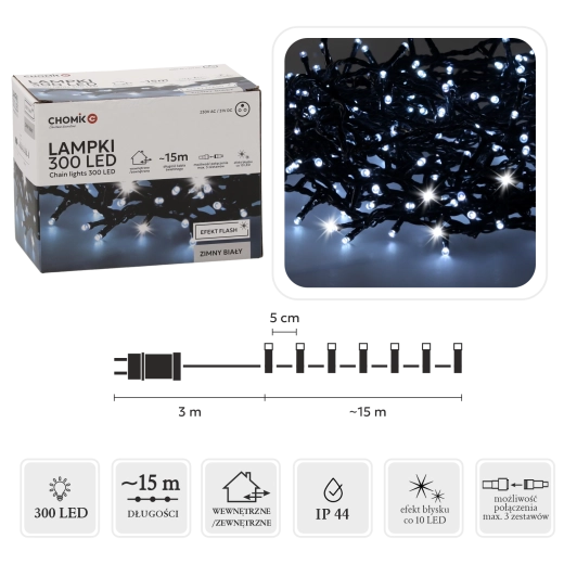 Guirlande LED 300 diodes blanc froid avec effet flash, 18 m pour usage intérieur et extérieur