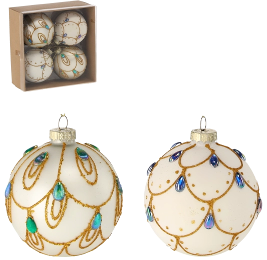 Set de boules de Noël en verre 8 cm – argent et blanc avec détails bleus, décorées à la main (4 pcs)