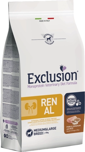 Exclusion Renal pour chiens moyens et grands porc avec sorgho et riz 12 kg