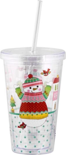 Gobelet en plastique avec paille 460 ml – bonhomme de neige/pingouin de Noël