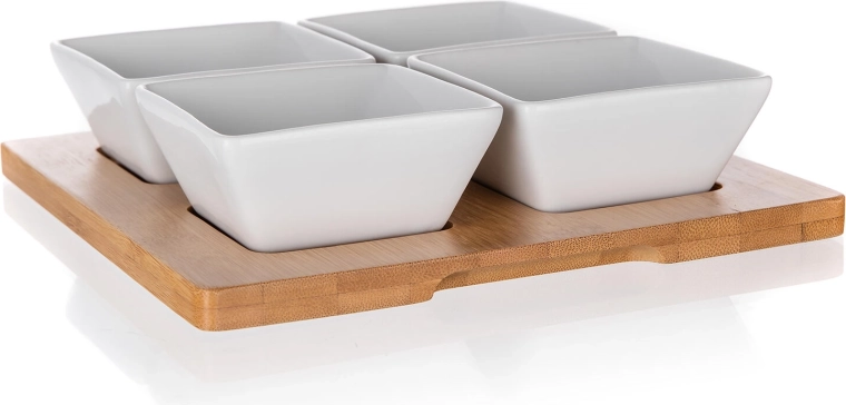 Set de service de bols en porcelaine sur plateau en bambou 20 × 20 cm BRILLANTE