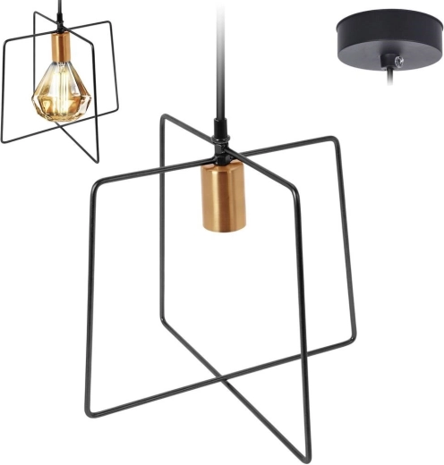 Suspension métallique noire avec douille dorée, cadre géométrique