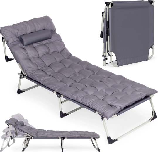 Chaise longue de jardin et de pêche réglable avec matelas et petit coussin, gris