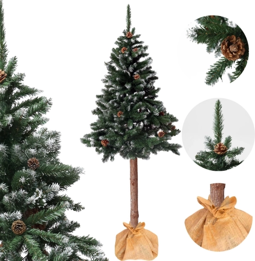 Sapin de Noël artificiel sur tronc 180 cm, pin diamanté avec pommes de pin, enneigé