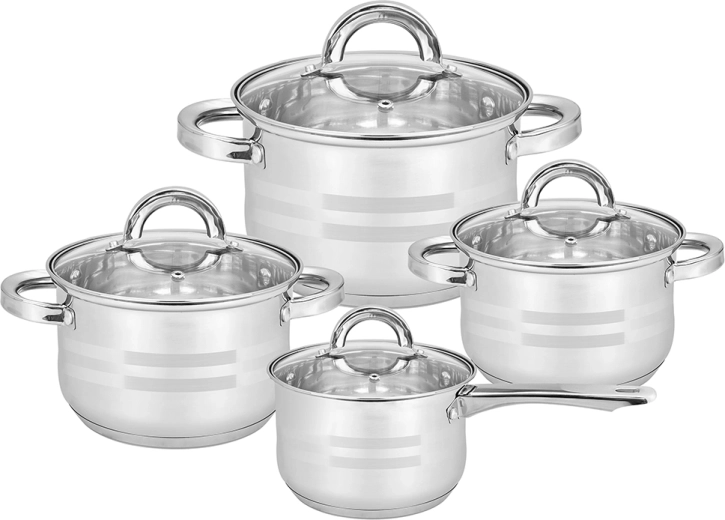 Remo – set de casseroles en acier inoxydable 8 pièces avec couvercles en verre