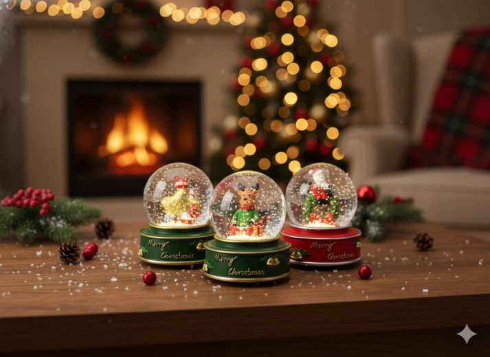 Boule à neige de Noël avec Père Noël, étoile et renne 7,8 × 7,8 × 8,5 cm