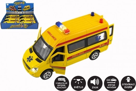 Ambulance – petite voiture métal‑plastique avec lumières et sons, 15 cm, à rétrofriction