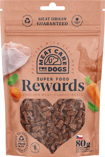 Meat Care Rewards Dog friandise pour chiens – poulet avec carotte et basilic 80 g