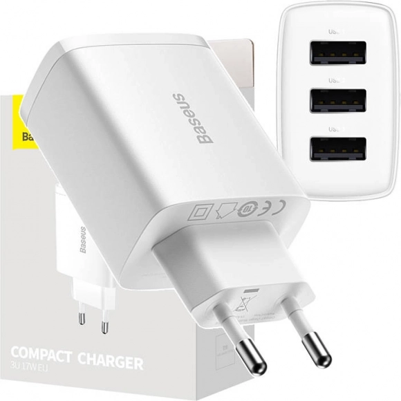 Chargeur secteur BASEUS 17 W, 3× USB, blanc