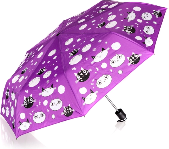 Parapluie pliant 52 cm violet avec chats changeant de couleur