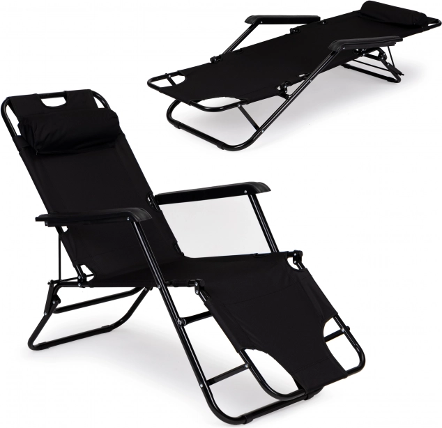 Chaise longue de jardin avec appui-tête, structure pliante, noire, MultiGarden