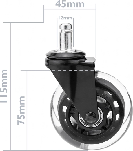 Roulettes en caoutchouc pour chaises de bureau et gaming, à roulement (tige 12 mm) – 1 pc