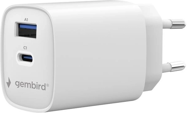Chargeur secteur universel Gembird 45 W USB‑C + USB‑A (PD, QC 3.0) blanc