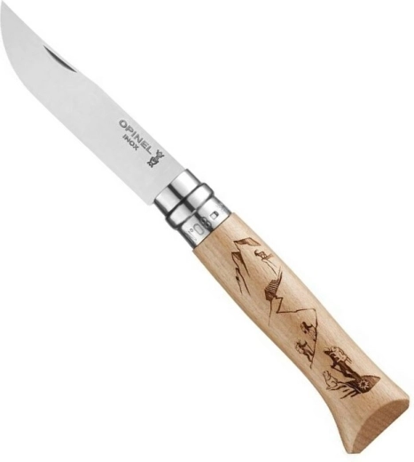 Opinel N°08 couteau de poche avec manche en hêtre, motif alpinisme, 8,5 cm
