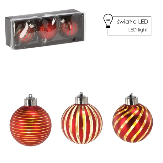 Ensemble de boules de Noël en verre avec éclairage LED, rouges, 8 cm, 3 pcs