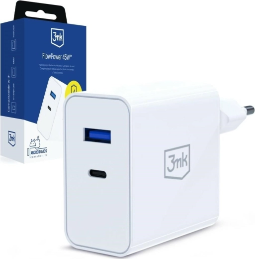 Chargeur secteur 3MK FlowPower 45 W PD 3.0 QC4+ USB-A/USB-C blanc