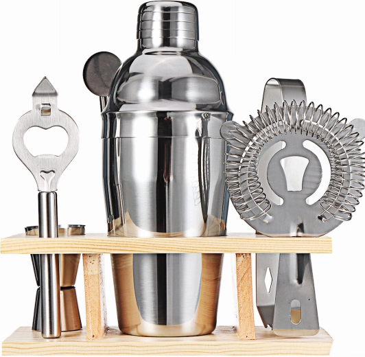 Set de barman professionnel avec shaker et support en bois
