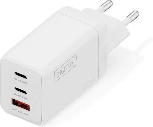 Chargeur secteur USB GaN 67 W, 2× USB‑C et 1× USB‑A, blanc