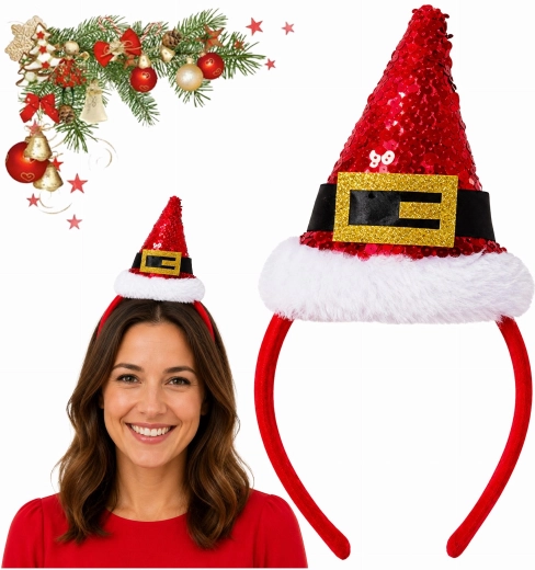 Serre-tête de Noël avec mini chapeau à paillettes du Père Noël