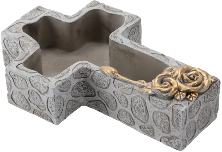 Coupe funéraire en ciment en forme de croix, grise avec détails dorés 28 × 18 × 7,5 cm