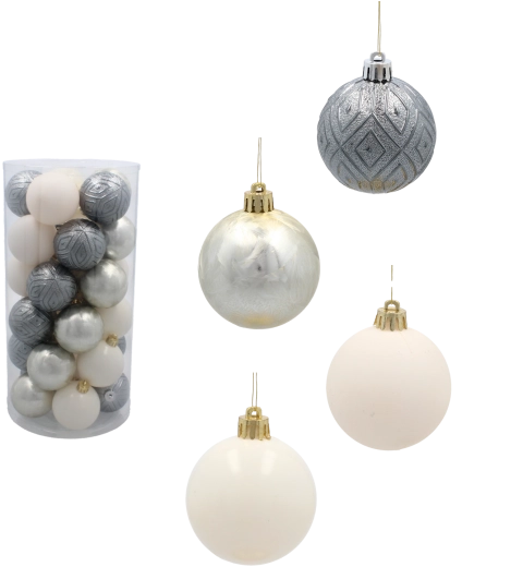 Set de boules de Noël 6 cm, 30 pièces – champagne, gris et blanc