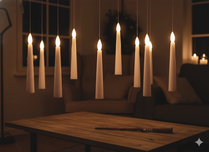 Lot de 10 bougies LED suspendues avec baguette magique 1,5 × 15,5 cm