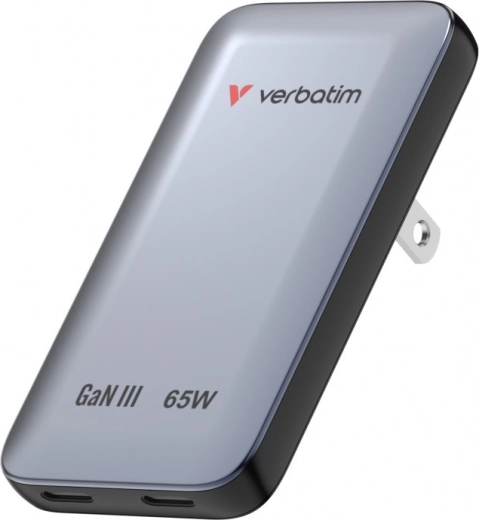 Chargeur GaN slim Verbatim Essentials 65 W avec 2× USB‑C (US/UK/EU) gris