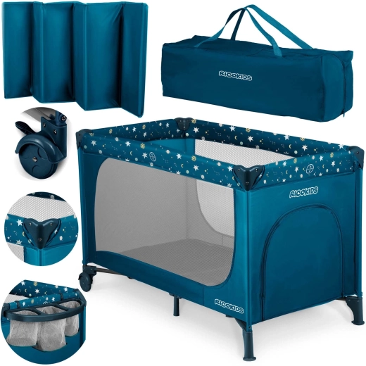 Lit parapluie de voyage pour enfants avec matelas et sac 125 × 65 × 78 cm, bleu marine