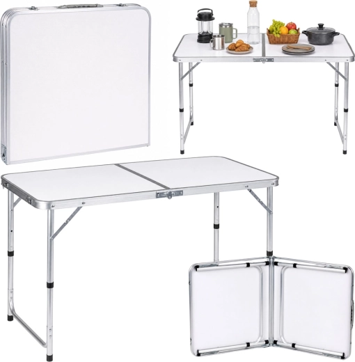 Table de camping pliante réglable en hauteur en valise, blanche