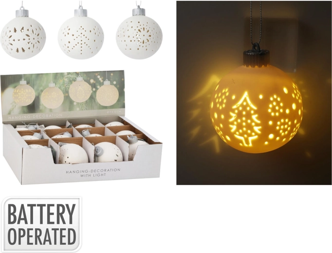 Boule décorative LED suspendue 10 cm – blanc, motifs assortis