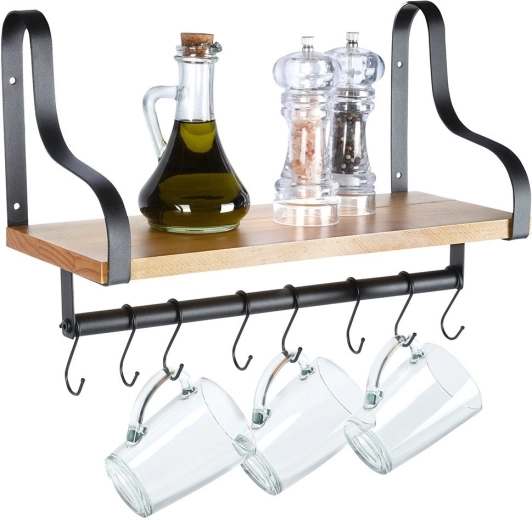 Étagère murale avec barre et crochets en bois 43 × 18 × 26 cm