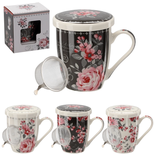 Mug en porcelaine avec couvercle et infuseur 340 ml – motif floral