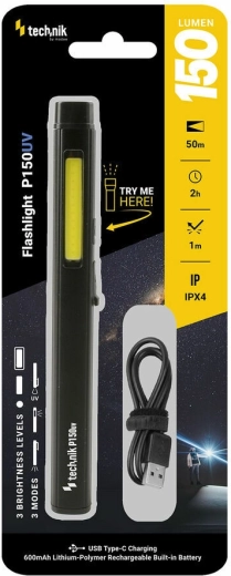 Lampe de poche rechargeable avec lumière UV 150 lm TECHNIK