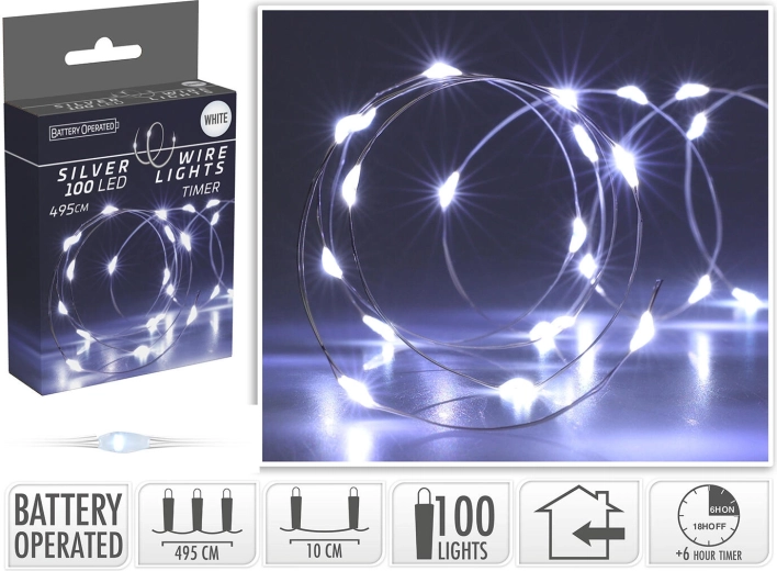 Guirlande lumineuse LED de Noël 4,95 m, 100 LED, blanc froid, sur fil, avec minuterie - 1 pièce