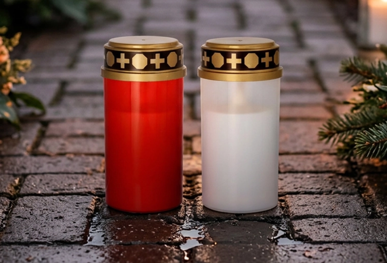 Bougie LED de cimetière 6 × 10 cm avec effet flamme – assortiment de couleurs