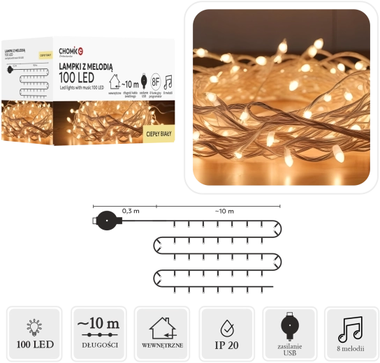 Guirlande lumineuse LED avec mélodie USB, blanc chaud, 100 diodes, 10 m