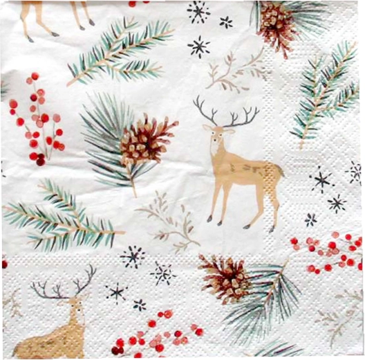 Serviettes de Noël pomme de pin et élan 33 × 33 cm, 3 couches