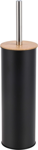 Brosse WC avec support dans un étui métallique avec couvercle en bambou, noir