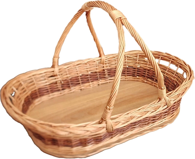 Plateau en osier avec poignées, taille moyenne 44 × 30 × 27 cm, verni