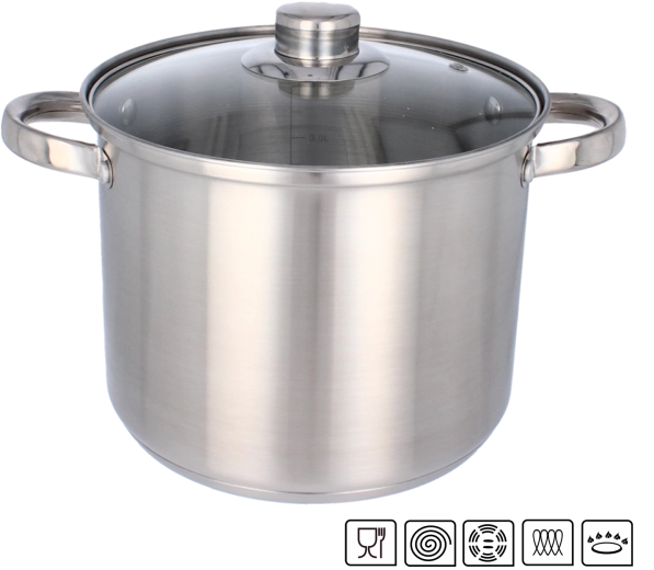 Marmite en acier inoxydable 14 l, diamètre 30 cm avec couvercle en verre