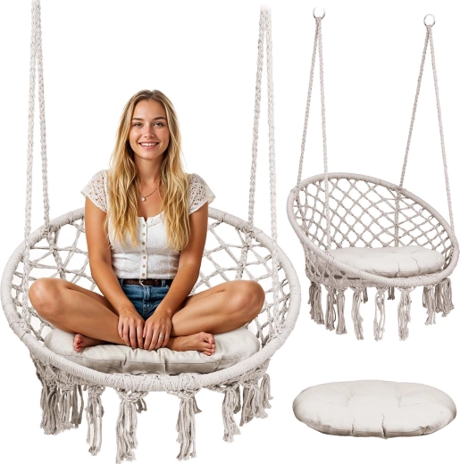 Fauteuil suspendu boho beige avec coussin