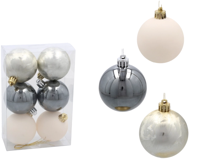 Set de 6 boules de Noël de 6 cm en champagne, gris et blanc