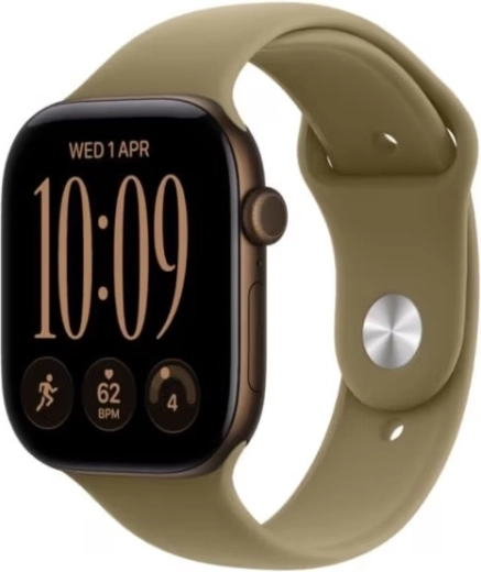 Apple Watch Series 12 GPS, boîtier en aluminium de 42 mm de couleur marron foncé avec bracelet sport vert olive S/M