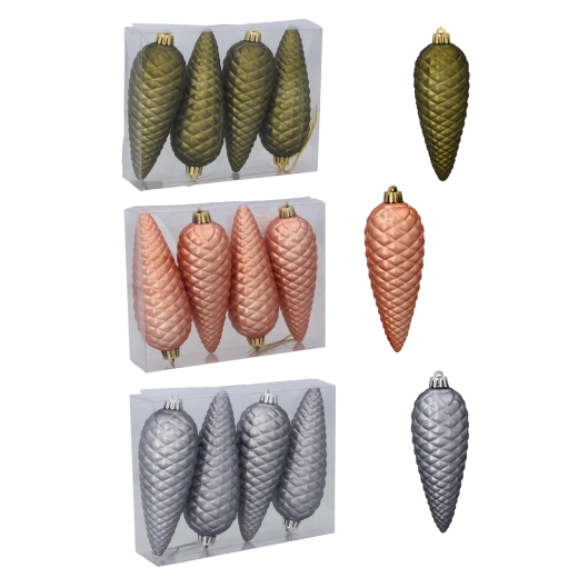 Set de décorations de Noël pommes de pin mates 14 cm – olive, cuivrée et graphite (4 pcs)