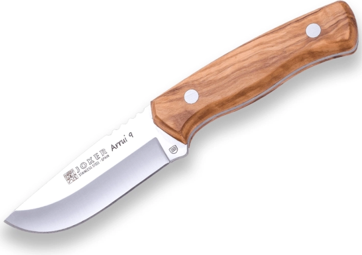 Couteau d’extérieur Joker Arrui, 9 cm, bois d’olivier, étui en cuir